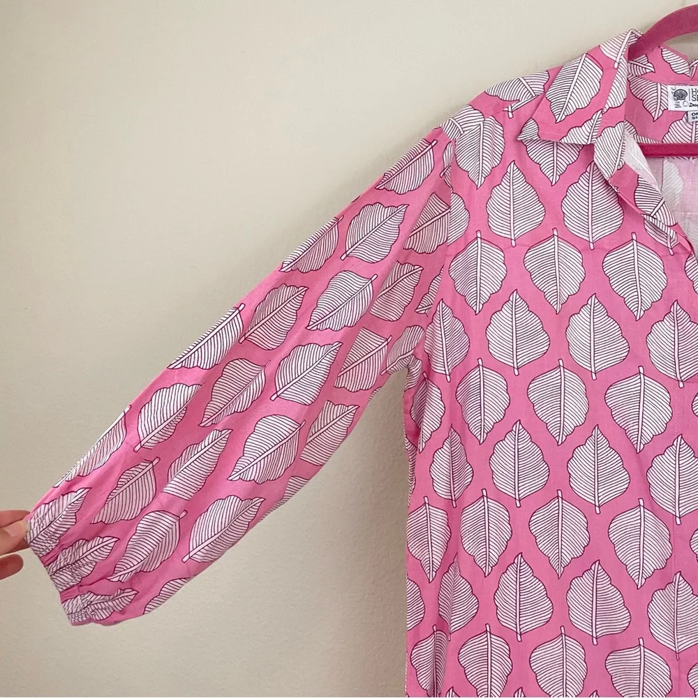 Holly Shae Pink Leaf Print Hand Block Cotton Shift Dress  One Size - Picture 4 of 8